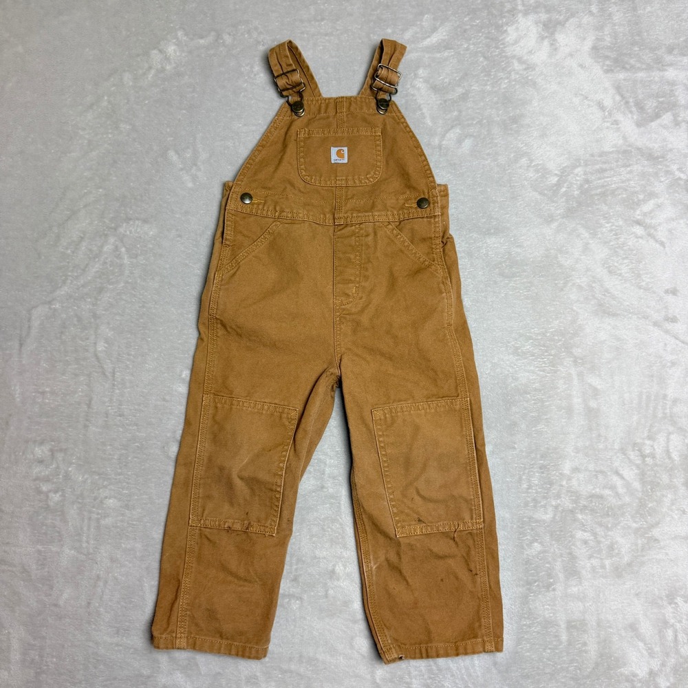 Carhartt Duck Canvas Overalls Kids 3T Brown Double Knee Workwear School OX8609-B